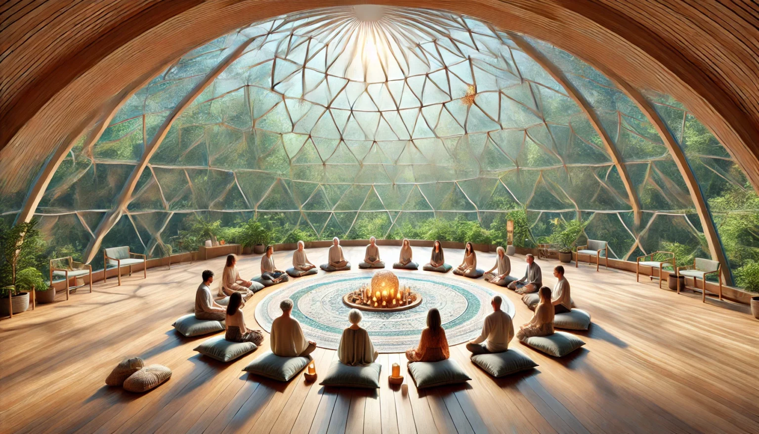 DALL·E 2024-12-18 11.05.20 - A realistic depiction of a family constellation session inside a large, tranquil dome. The scene features a group of people arranged in a circle, seat