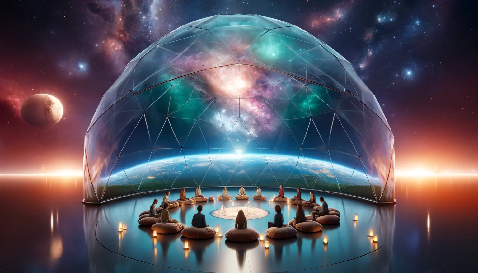 DALL·E 2024-12-18 11.05.59 - A realistic depiction of a family constellation session inside a dome with a breathtaking view of space. The scene shows a group of people seated in a